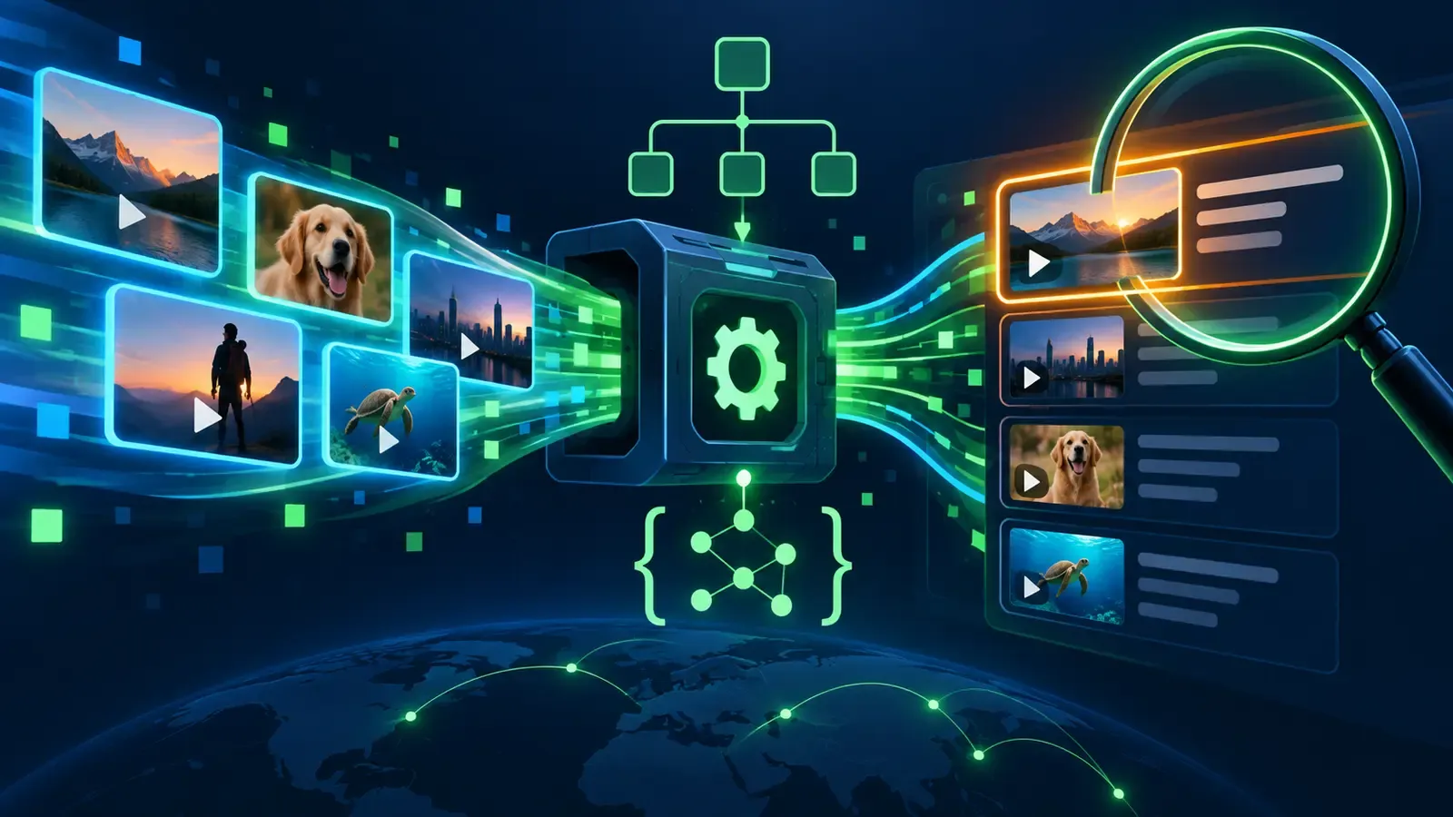 Video frames passing through a glowing search indexing and sitemap pipeline