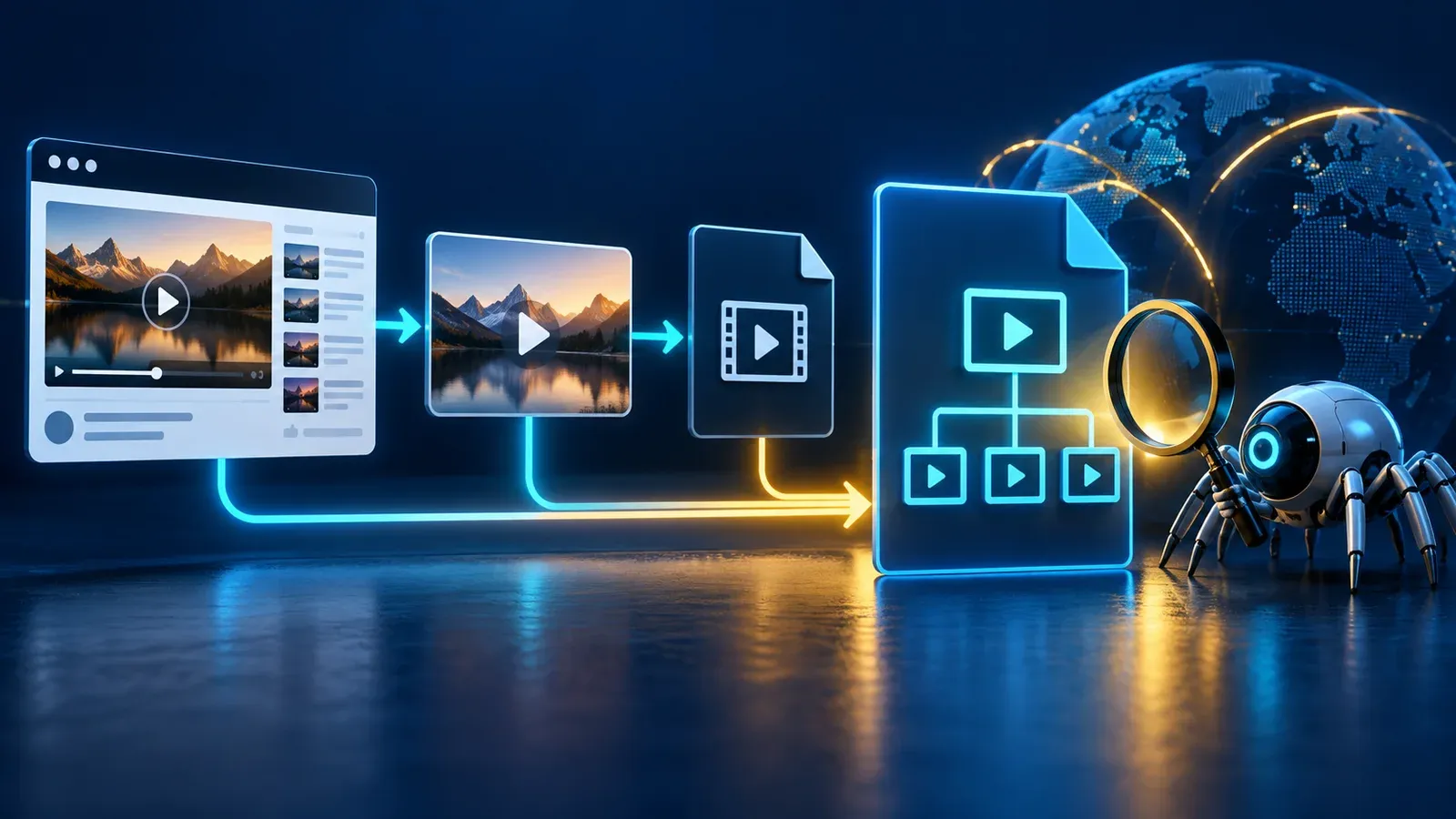 Eye-catching technical thumbnail with a video play tile flowing through a structured sitemap into a search index