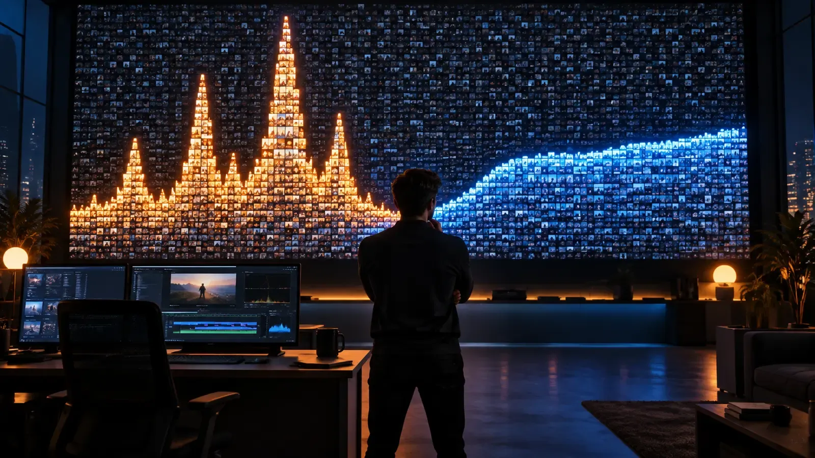 Analyst facing a large wall of video data shaped into popularity spikes and a stable engagement curve